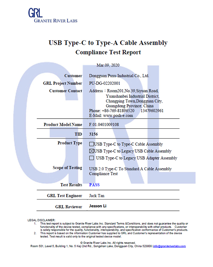 USB Type-C to Type-A Cable Assembly compliance Test Report